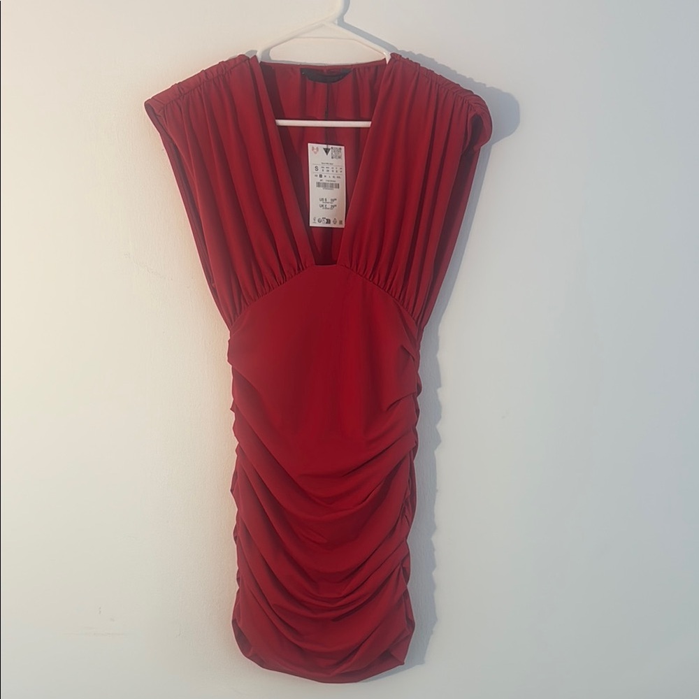 Zara Red V-Neck Ruched Mini Dress